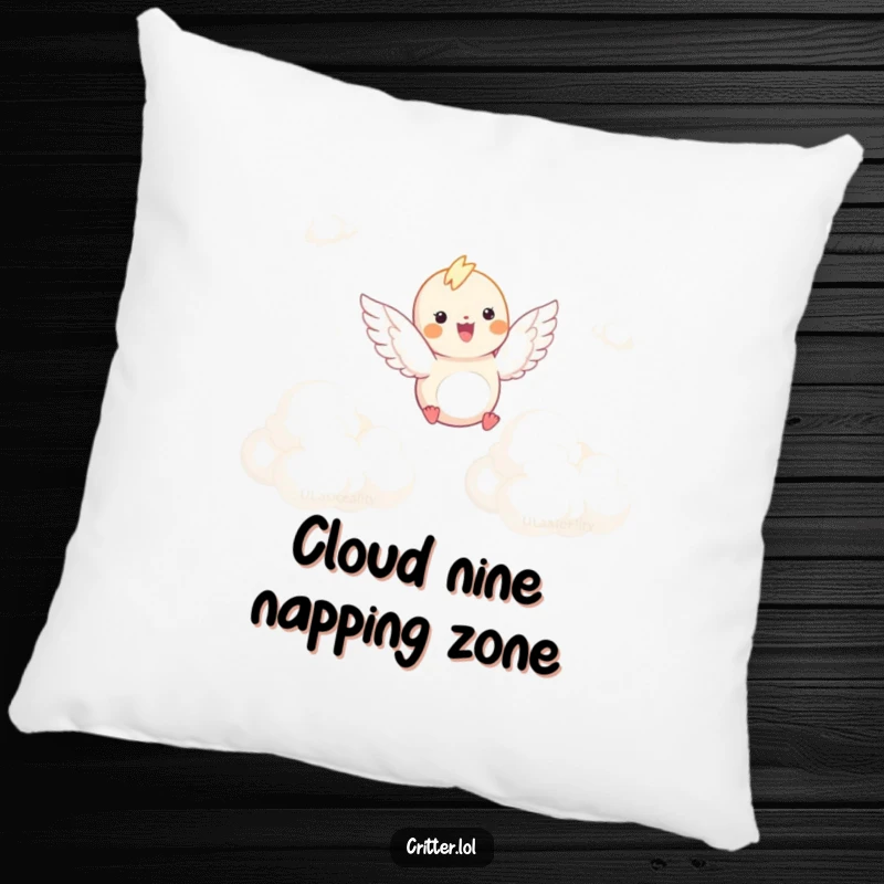A funny pillow featuring a winged critter joyfully soaring through fluffy clouds, offering comfort and a sense of peaceful, lighthearted escape.