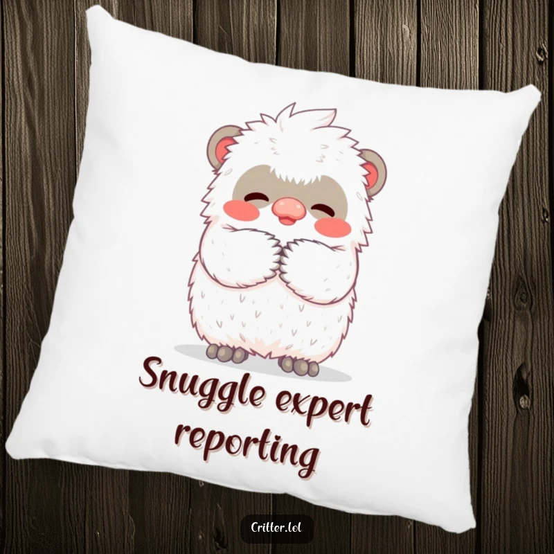 Funny pillow showcasing a small, lovable yeti character giving a massive, warm, fuzzy hug, perfect for adding comfort and humor.
