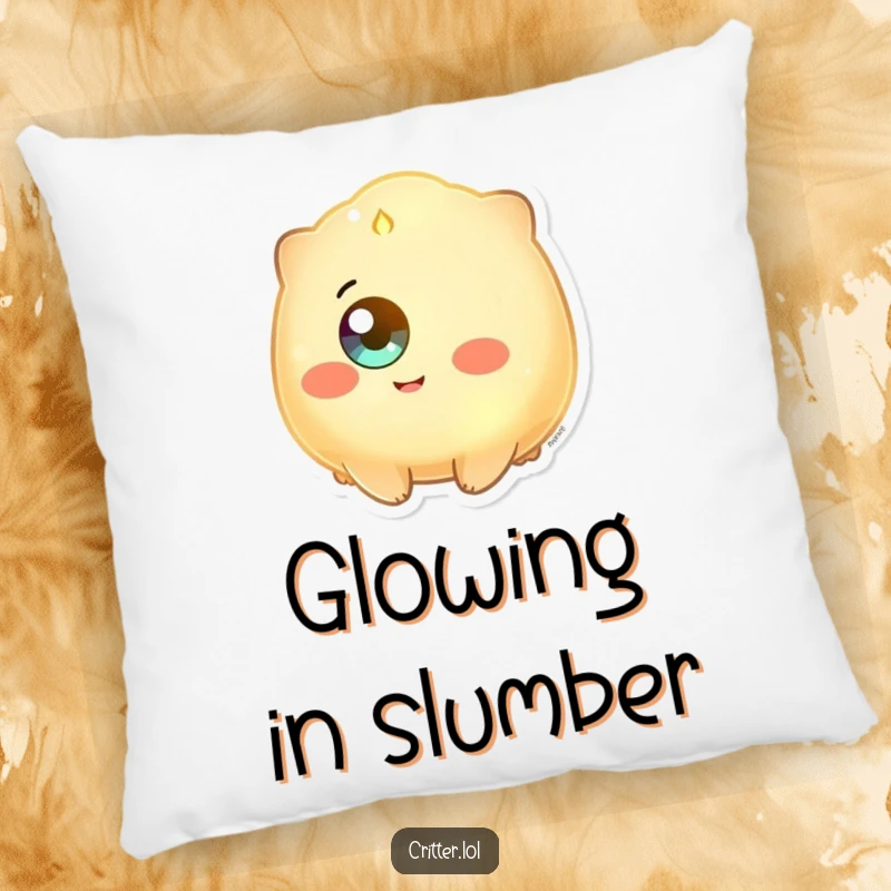 Funny decorative pillow featuring a glowing creature with a single eye beaming with happiness, offering soft comfort.