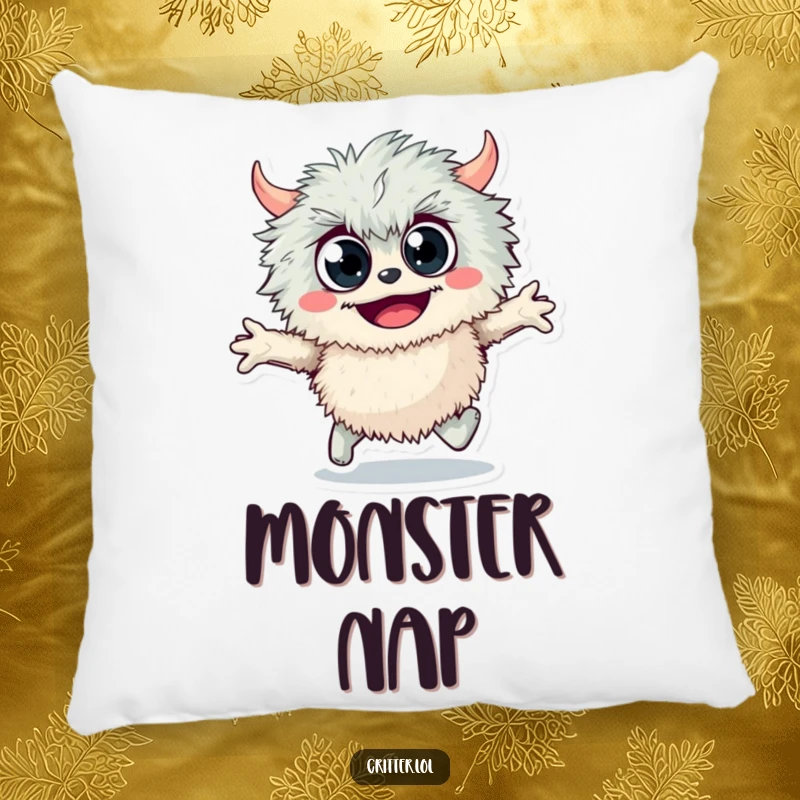 Funny fuzzy monster pillow featuring a googly-eyed monster skipping joyfully, bringing comfort and delightfully whimsical humor to any room.