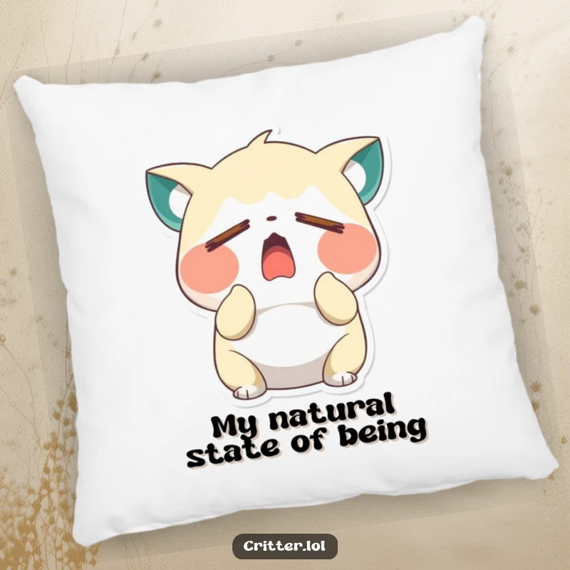 Funny sleepy critter character yawning wide with closed eyes, featured on a soft pillow, ideal for naps and cozy decor, a funny gift.