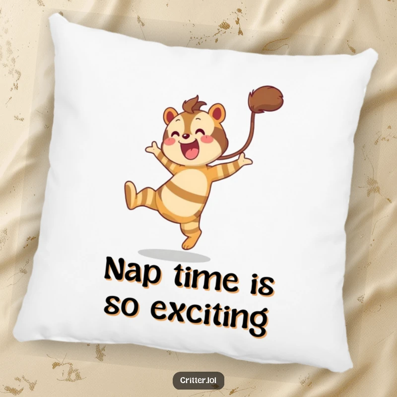 Funny decorative pillow featuring a striped creature with a bushy tail mid-leap, embodying happiness and soft comfort.