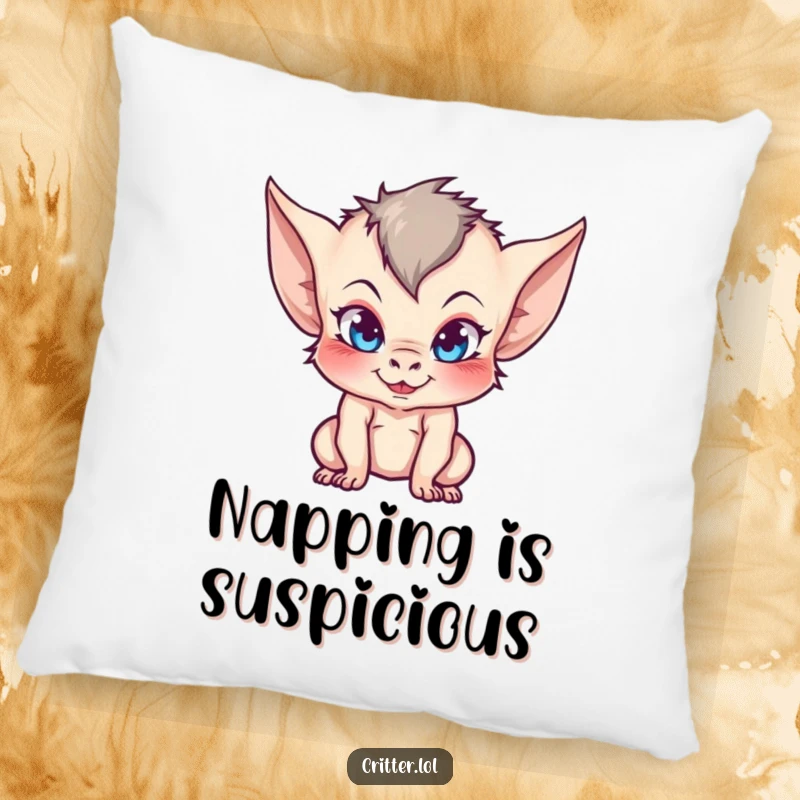 Funny pillow showcasing a cute, mischievous imp with prominent pointy ears and a playful, whimsical expression.