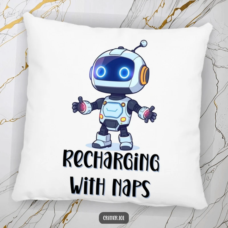 Funny pillow featuring a curious robot with blinking lights dancing, adding comfort and a futuristic vibe.