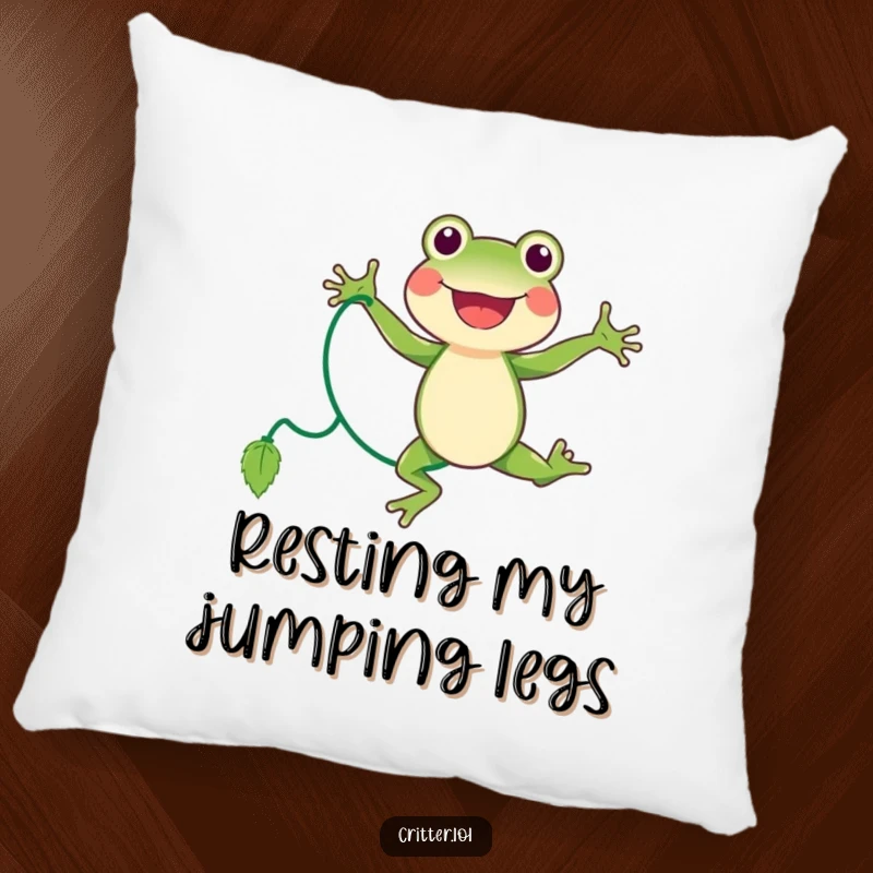 Funny frog pillow showing a joyful character actively jumping rope with a vine, providing comfort and a smile.