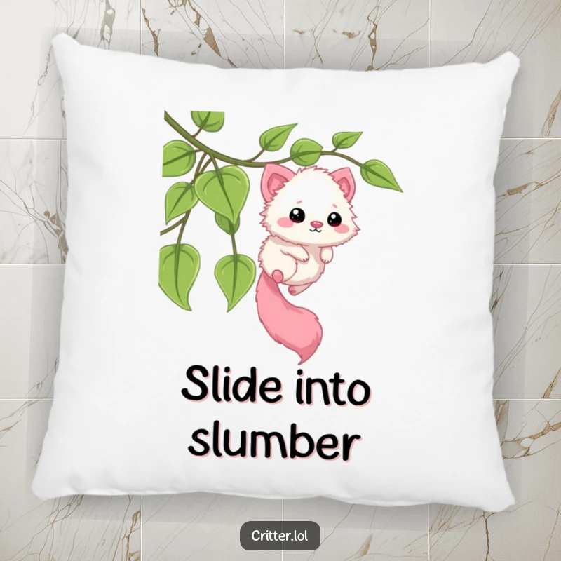 Funny pillow with a soft texture, showing a fuzzy critter with a long tail sliding down a leafy vine. A humorous and comfortable decor item.