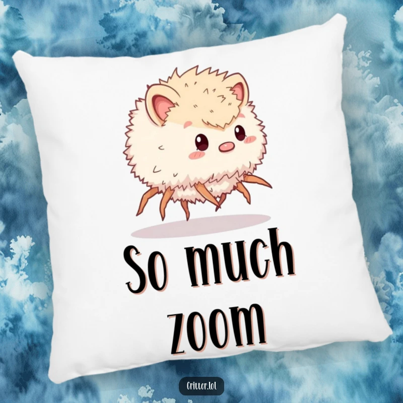 Funny pillow with a plush, fluffy critter having many legs, shown scurrying quickly, offering comfort and a humorous decorative element.