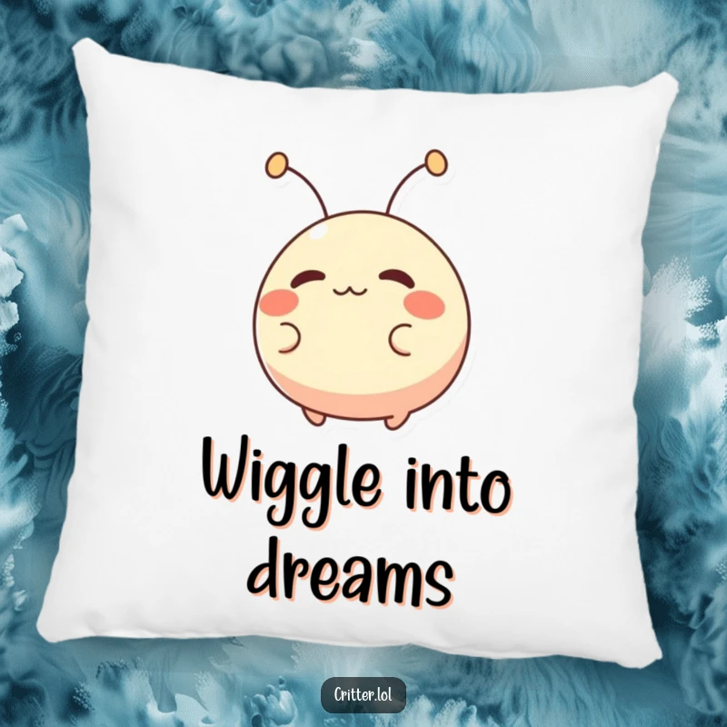 Funny pillow featuring a small, round creature with antennae wiggling excitedly, offering plush comfort and a humorous touch.