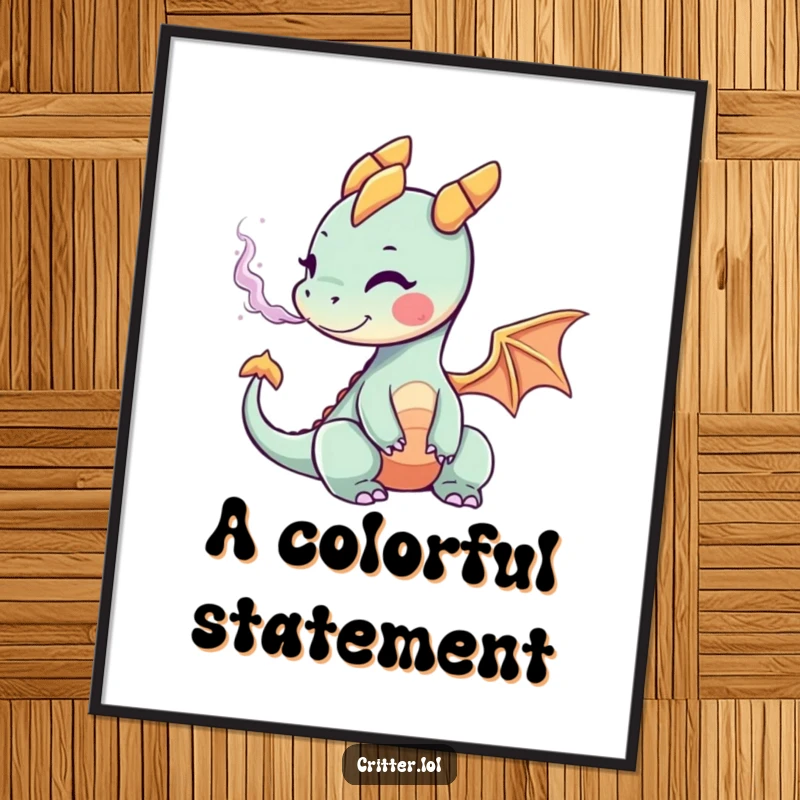 Funny digital art print of a tiny dragon emitting a beautiful and vibrant puff of colorful smoke, creating a magical scene.