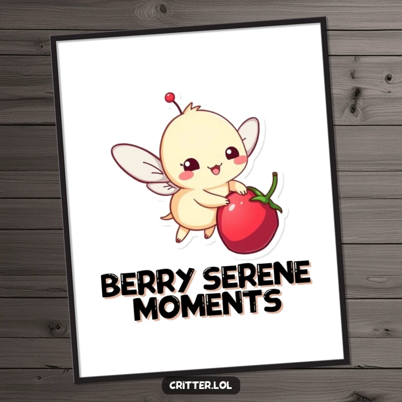 Funny digital art of a whimsical critter fluttering joyfully around a berry, delivering instant charm and happiness.