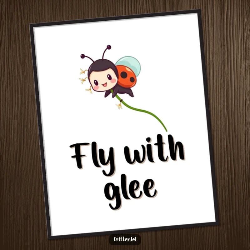 Funny ladybug digital art print of a tiny character riding a flying dandelion seed with glee, ideal for humorous wall decor.