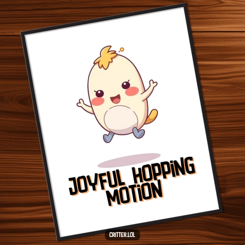 Funny digital art print of a bouncy creature with rubbery legs hopping with amusement, for instant fun decor.