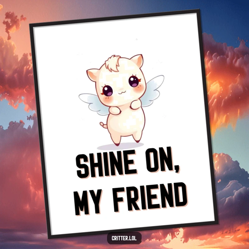 Funny Digital Art Print of a tiny winged creature dancing joyfully, surrounded by vibrant, magical sparkles, adding whimsy to decor.