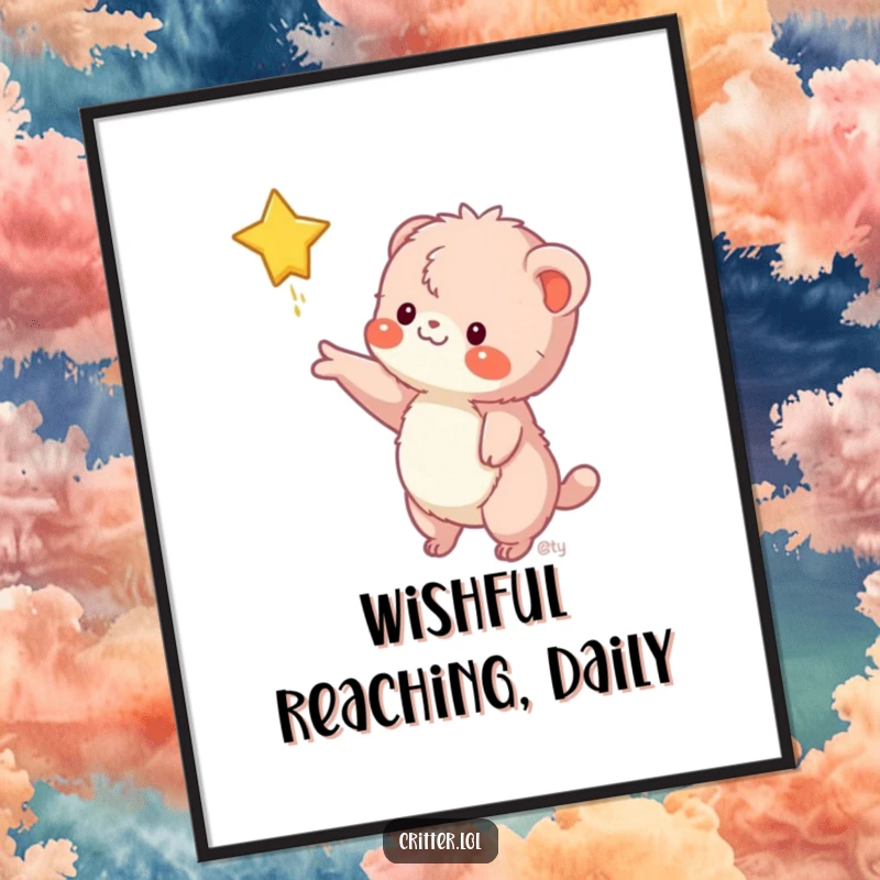 Funny digital art print of a fuzzy creature reaching for a falling star, perfect for instant, humorous wall decor.