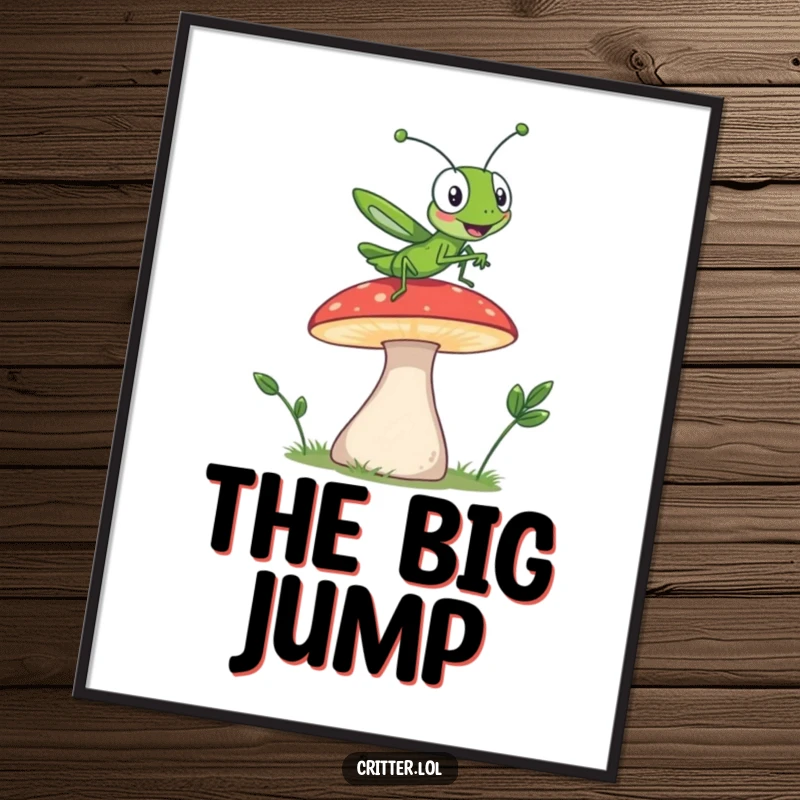 Funny digital art print of a grasshopper character leaping high off a mushroom, full of giggles and energetic humor.