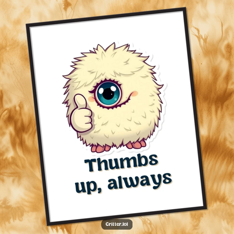 Funny digital art print of a tiny, fluffy, one-eyed monster giving a thumbs up, perfect for quirky decor.