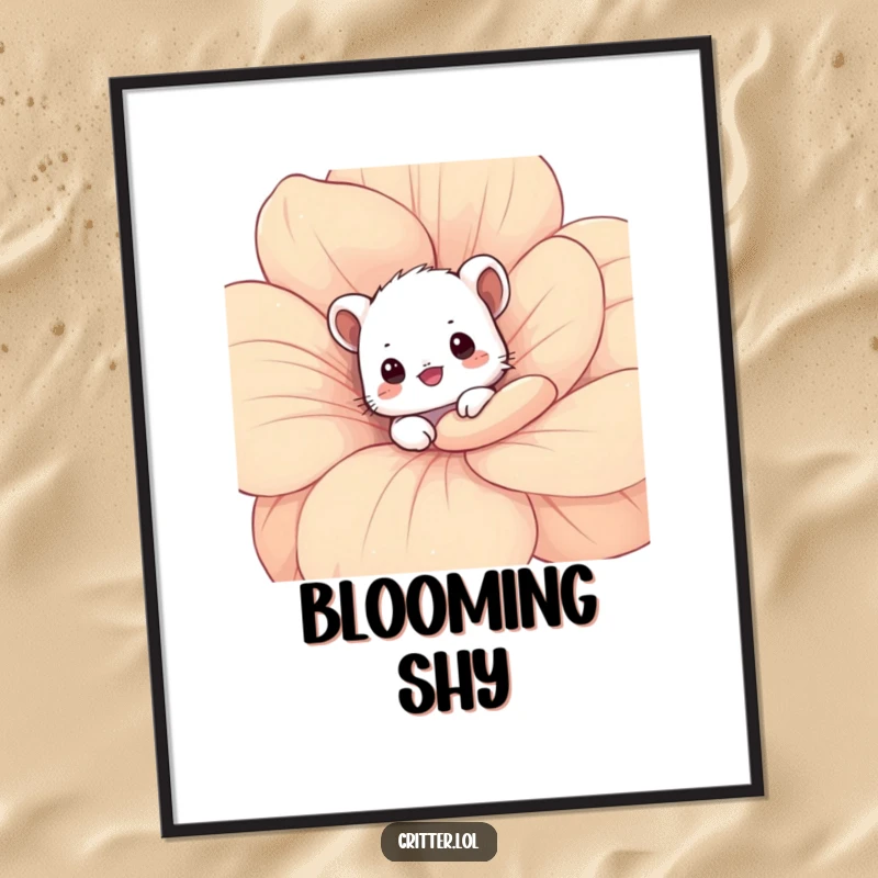Funny critter digital art print of a shy critter peeking from behind a flower, ready to add charm to any room.