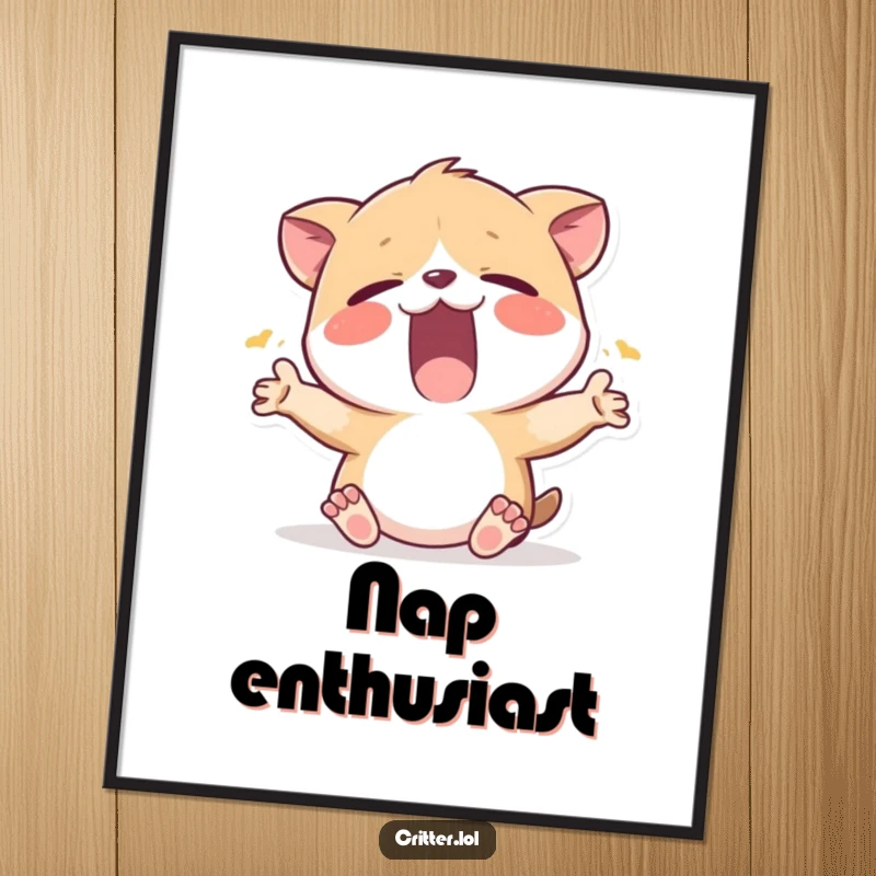 Funny digital art print of a sleepy critter yawning widely and stretching, perfect for creating a cozy and humorous ambiance.