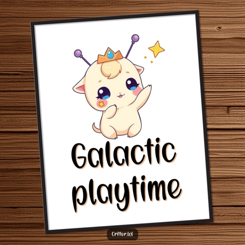 Funny digital art print of a creature with antennae and a tiara, playfully batting at a star, perfect for instant whimsical decor.