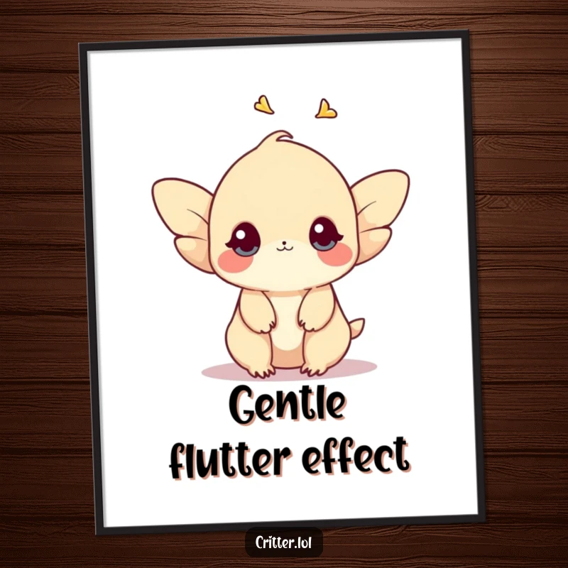 Funny digital art print of a shy creature with small wings fluttering upwards, capturing a moment of delicate charm.