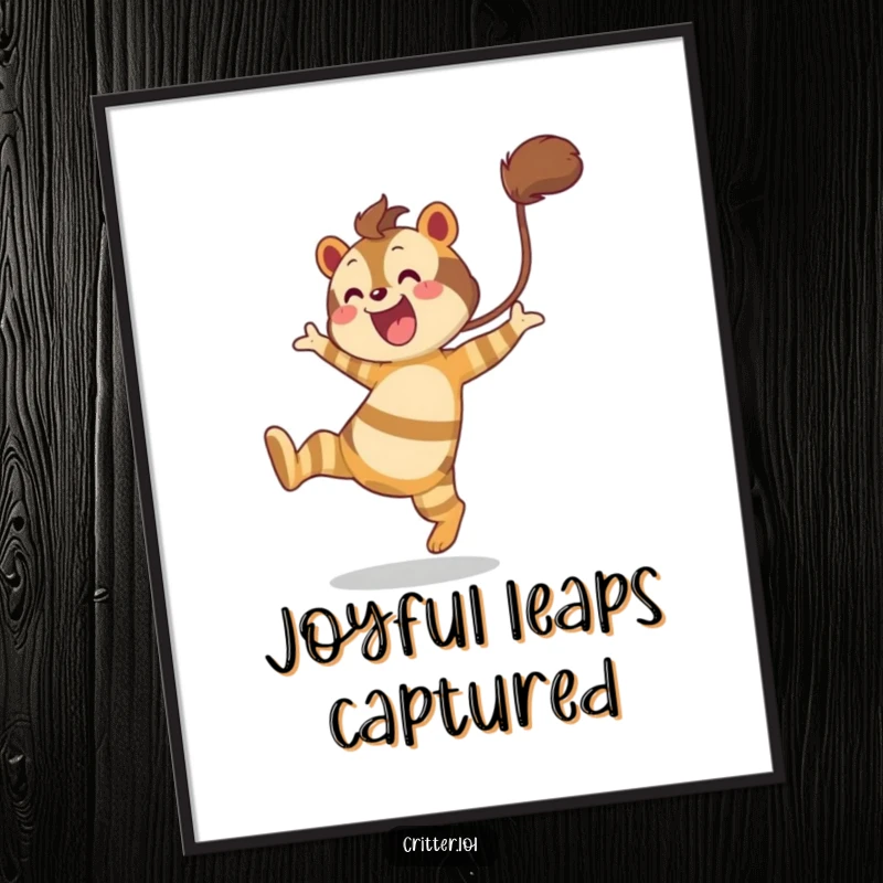 Funny digital art print of a striped creature with a bushy tail leaping joyfully, capturing a moment of pure elation.