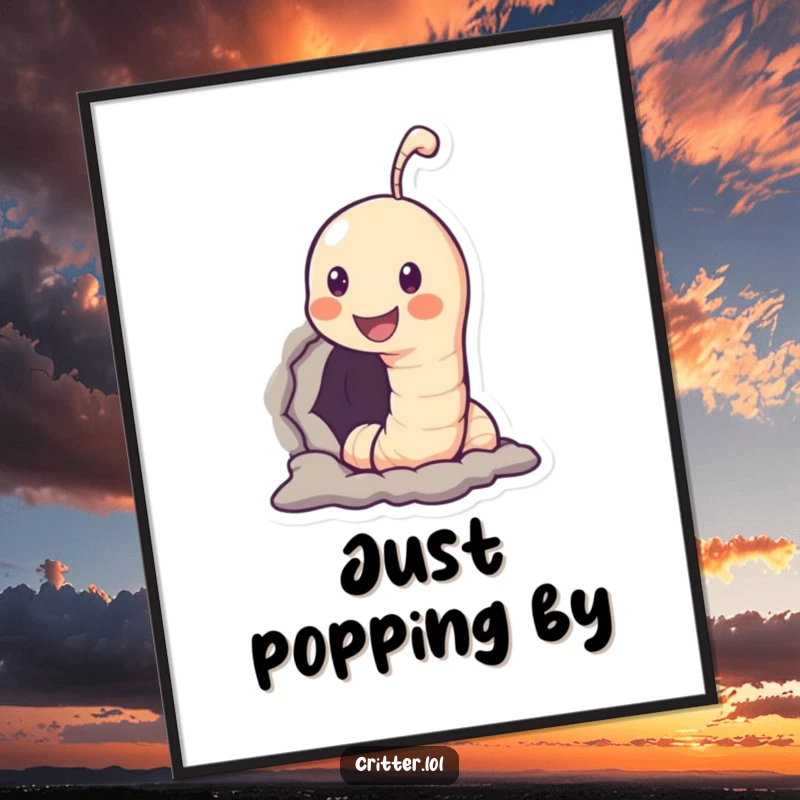 Funny digital art print of a smiling worm character peeking out of a hole, conveying innocence and lighthearted humor.