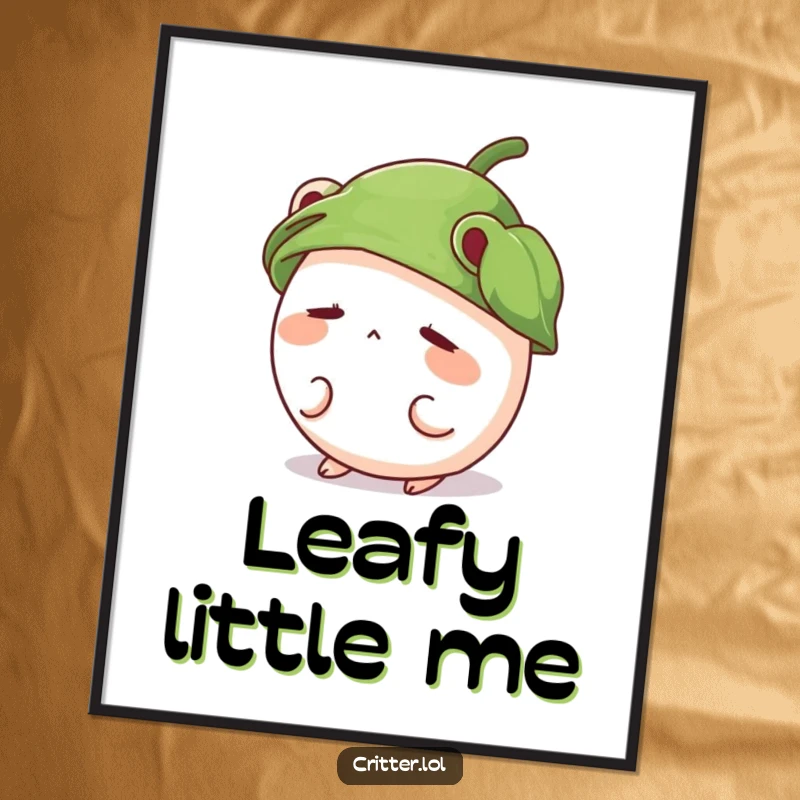 Funny digital art print of a shy, round critter wearing a leaf hat and peeking out, perfect for cute decor.