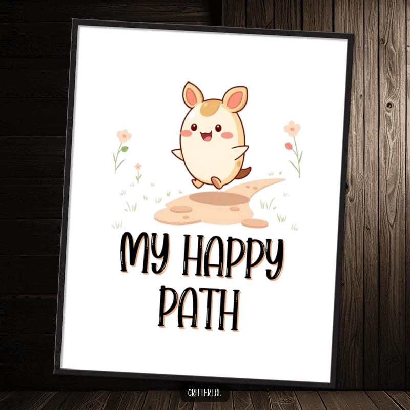 Funny Critter Digital Art Print: A happy, round critter skips along a path, offering instant joyful and funny wall decor.
