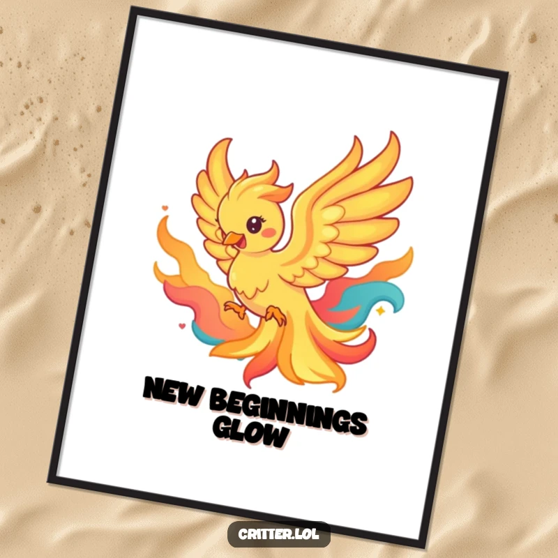 Funny digital art print of a playful phoenix emerging from colorful flames, bringing powerful and inspirational energy.