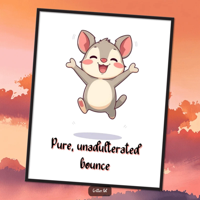 Funny bouncing critter character making exaggerated joyful leaps, as a downloadable digital art print, conveying pure happiness and energy, a gift.