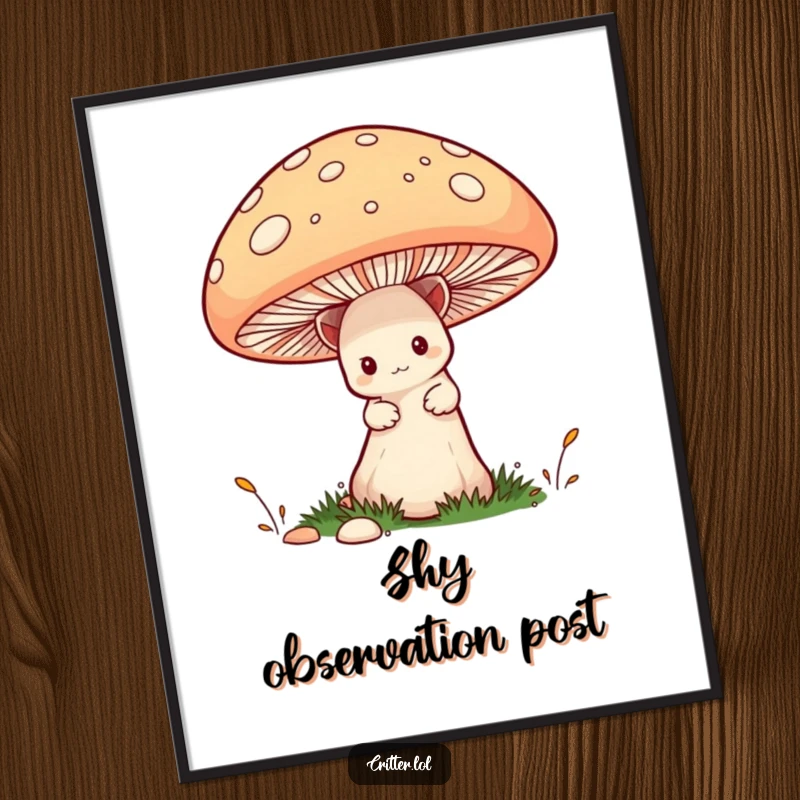 Funny Critter Digital Art Print: A shy critter peeking from behind a mushroom, offering instant humorous and charming wall decor.