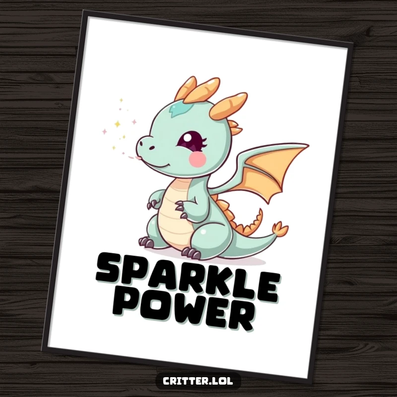 Funny tiny dragon smoke digital art print of a small dragon exhaling sparkly smoke, offering instant humorous, fantasy-themed decor for any wall.
