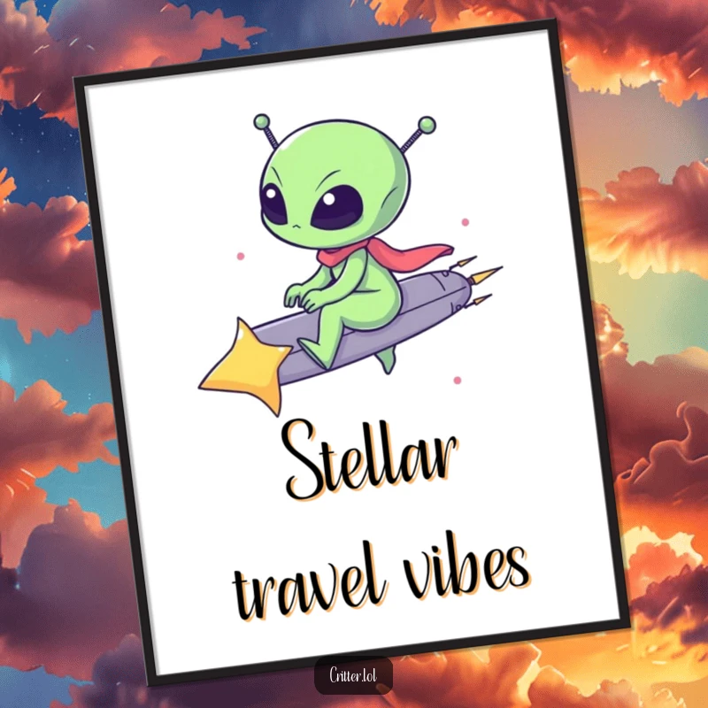 Funny digital art print of a small alien riding a shooting star, ready to bring instant joy and laughter to any room.