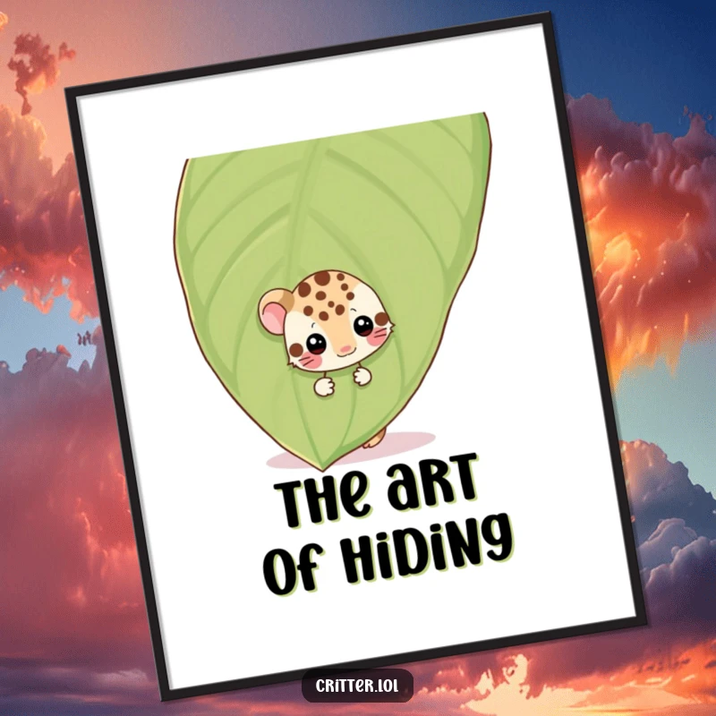 Funny shy spotted critter peeking from behind a giant leaf, wiggling, presented as an instant download funny art print.