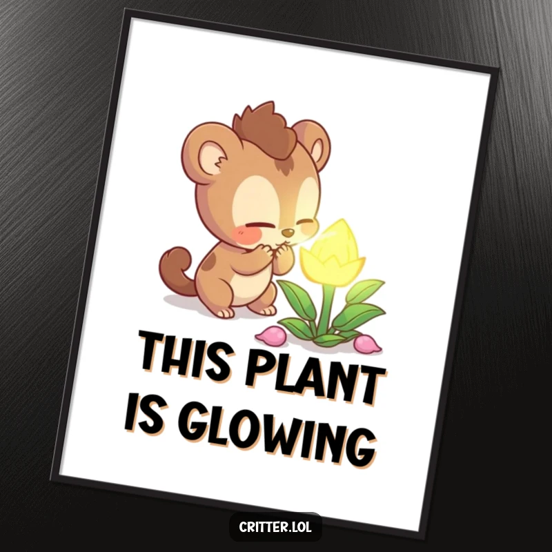 Funny curious creature character intently sniffing a mysterious glowing plant, as a downloadable digital art print, evoking curiosity and wonder, a gift.