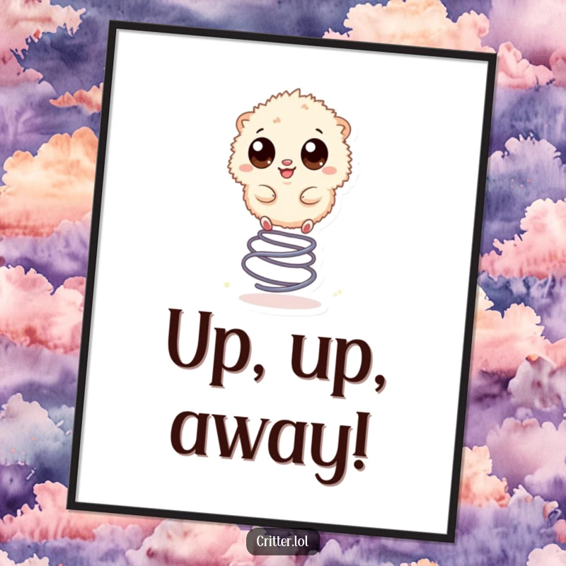 Funny digital art print of a small, fuzzy creature with large eyes, happily bouncing on a spring, full of energy.