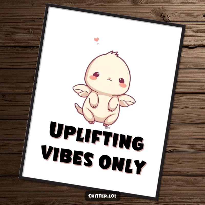 Funny digital art print of a shy creature with small wings fluttering upwards, ideal for instant gentle decor.