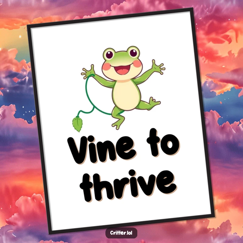 Funny frog digital art print of a joyful character energetically jumping rope with a vine, ready to inspire.