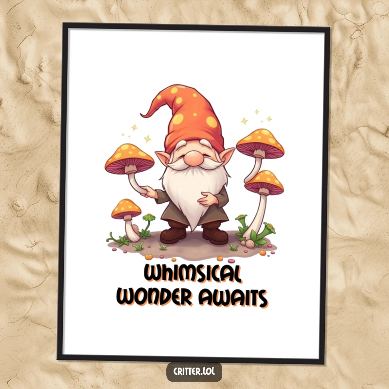 Funny digital art print of a whimsical gnome juggling radiant mushrooms, ready to bring enchanting humor to any space.