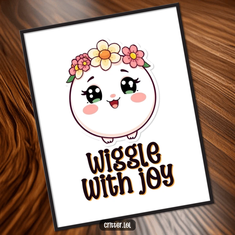 Funny digital art print of a round critter with a flower crown doing a happy wiggle, perfect for adding instant sweet humor.