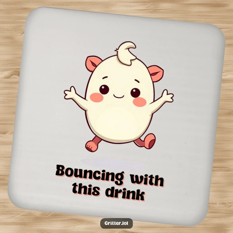 Funny drink coasters featuring a bouncy creature with rubbery legs hopping with amusement, protecting surfaces with humor.