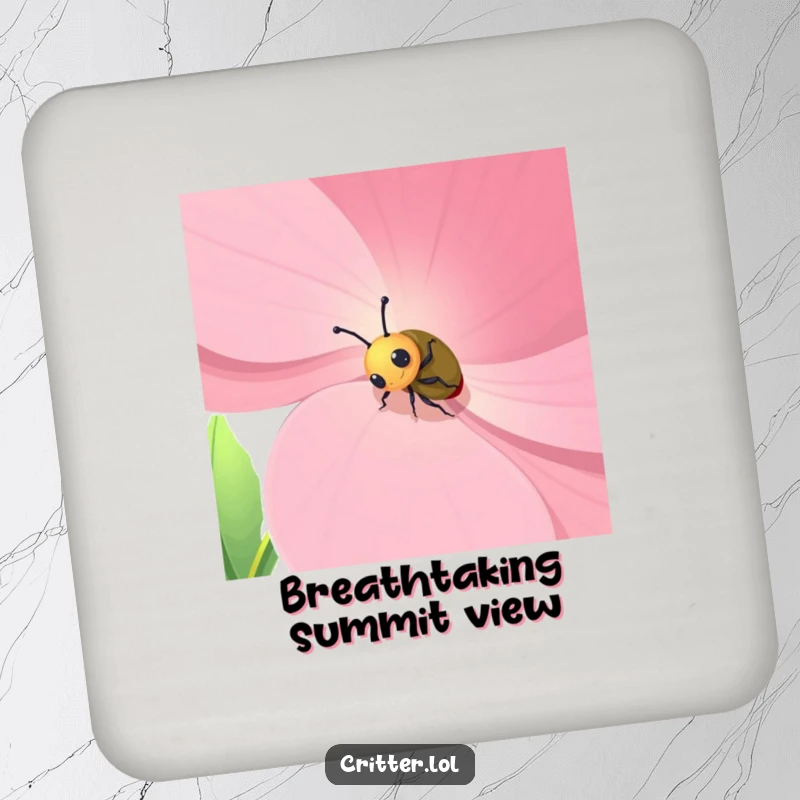 Funny drink coaster with a beetle character climbing a giant flower petal, protecting tables with a humorous design.