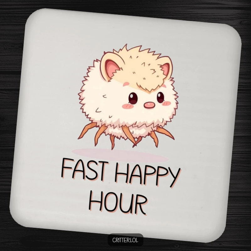 Funny drink coasters with a fluffy critter with many legs scurrying quickly, protecting furniture with a humorous design.