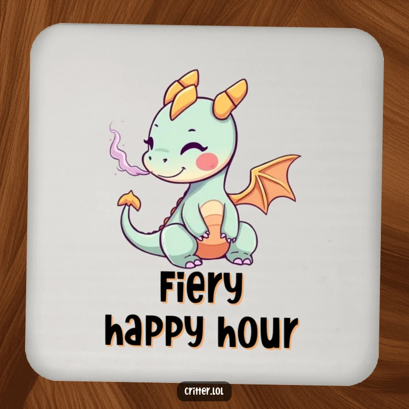 Funny drink coaster featuring a tiny dragon artistically exhaling a swirling cloud of bright, cheerful smoke.