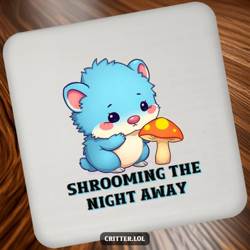 Funny blue furry critter with antennas sniffing a glowing mushroom, featured on drink coasters to add humor to any tabletop.