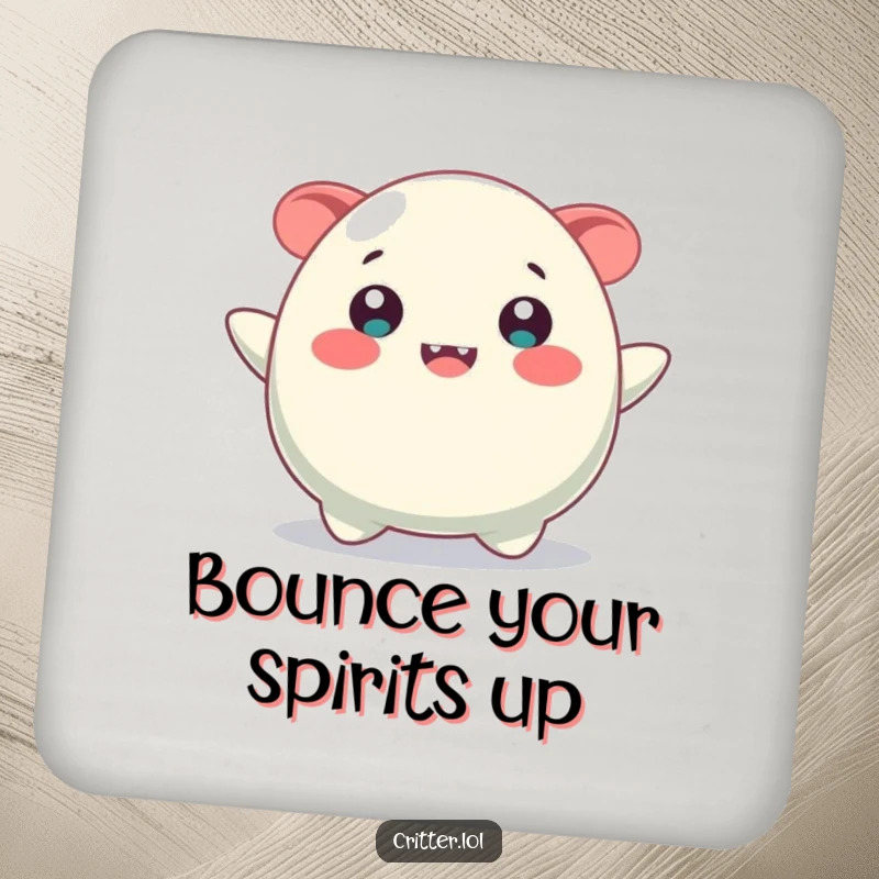 Funny drink coaster featuring a bouncing blob creature with a wide, contagious smile, adding cheer to any surface.
