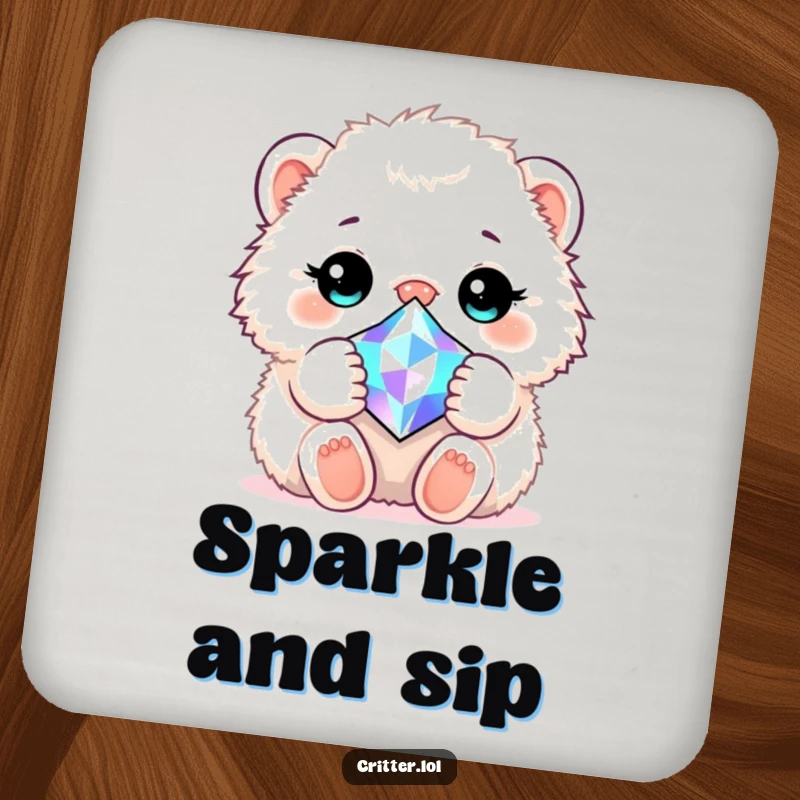Funny drink coasters displaying a soft critter embracing a dazzling gem, adding a playful touch to any table.