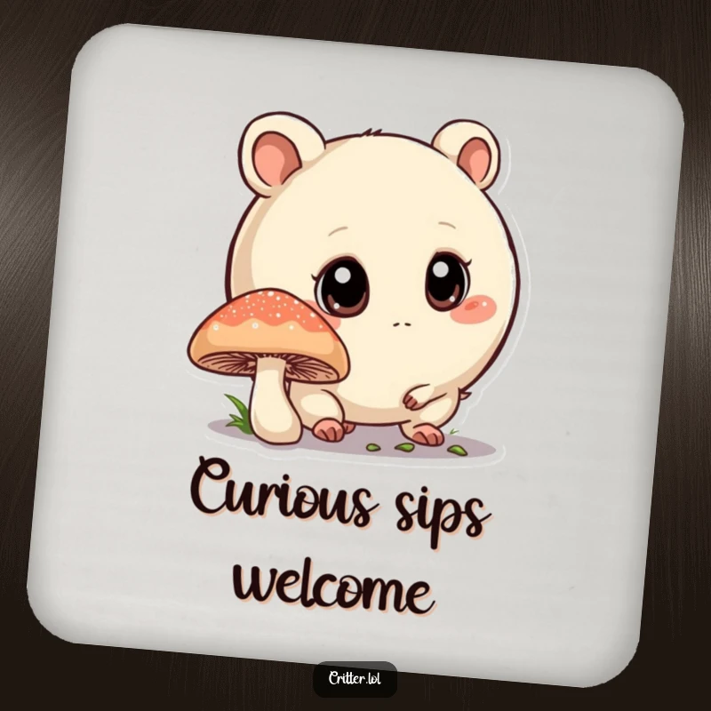Funny drink coaster featuring a round critter with big eyes sniffing a mushroom, protecting surfaces with woodland charm.