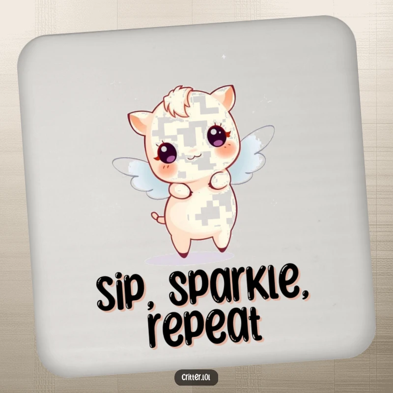 Funny Drink Coaster illustrated with a tiny winged creature dancing enthusiastically amidst magical sparkles, protecting surfaces with charm.