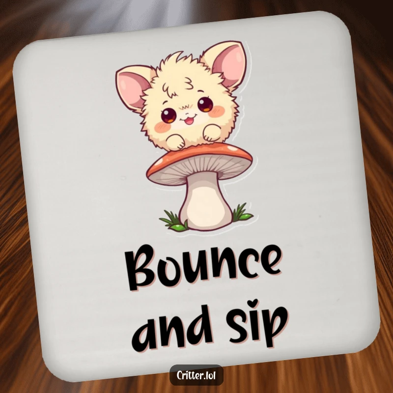 Funny coaster set with a playful fuzzball with large ears bouncing on a mushroom, offering whimsical protection.